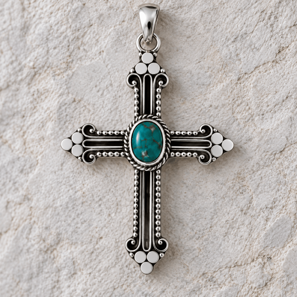 Turquoise Fleur de Lis Style Bali Cross Pendant