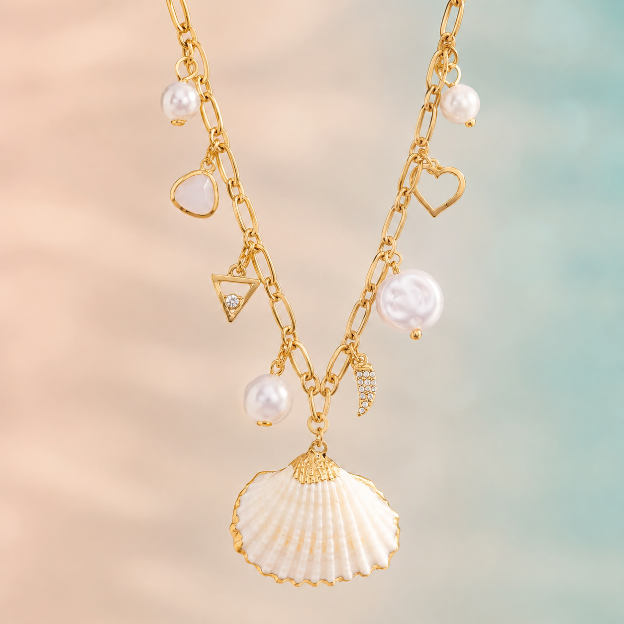 16" + 3" Gold Tone Shell and Pearl Charm Fashion Necklace