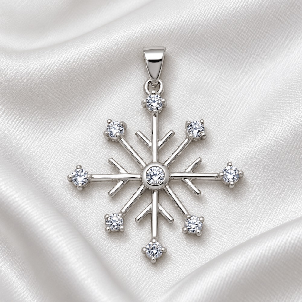 Rhodium Plated 8 Point CZ Snowflake Pendant