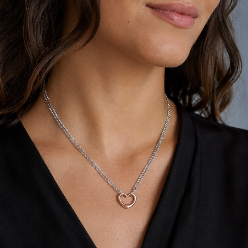Two Tone Double Strand Open Heart Necklace