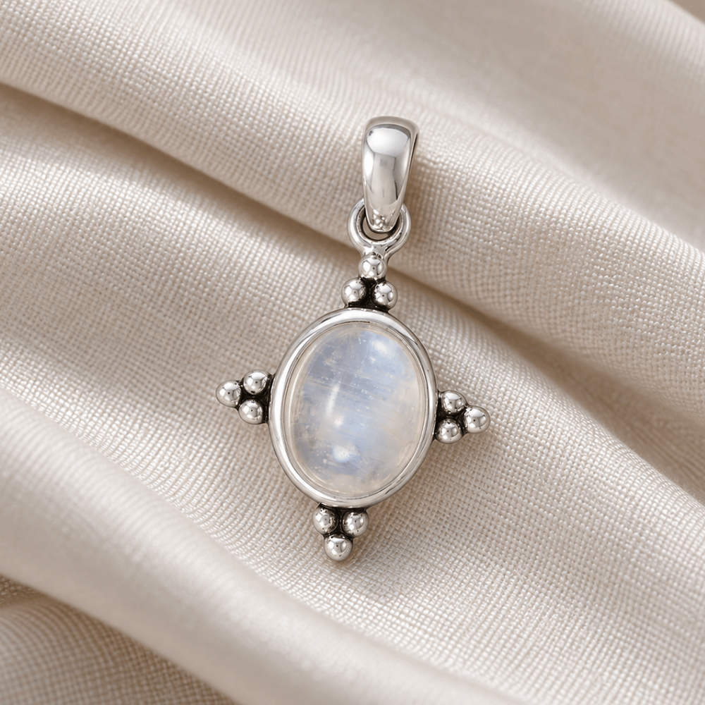 Oxidized Oval Rainbow Moonstone Pendant with Beaded Accents