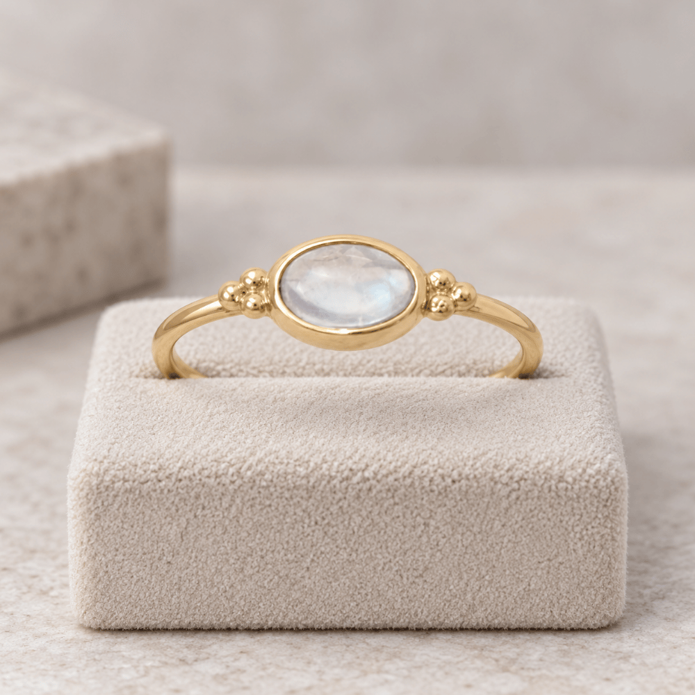 14 Karat Gold Plated Dainty Rainbow Moonstone Ring