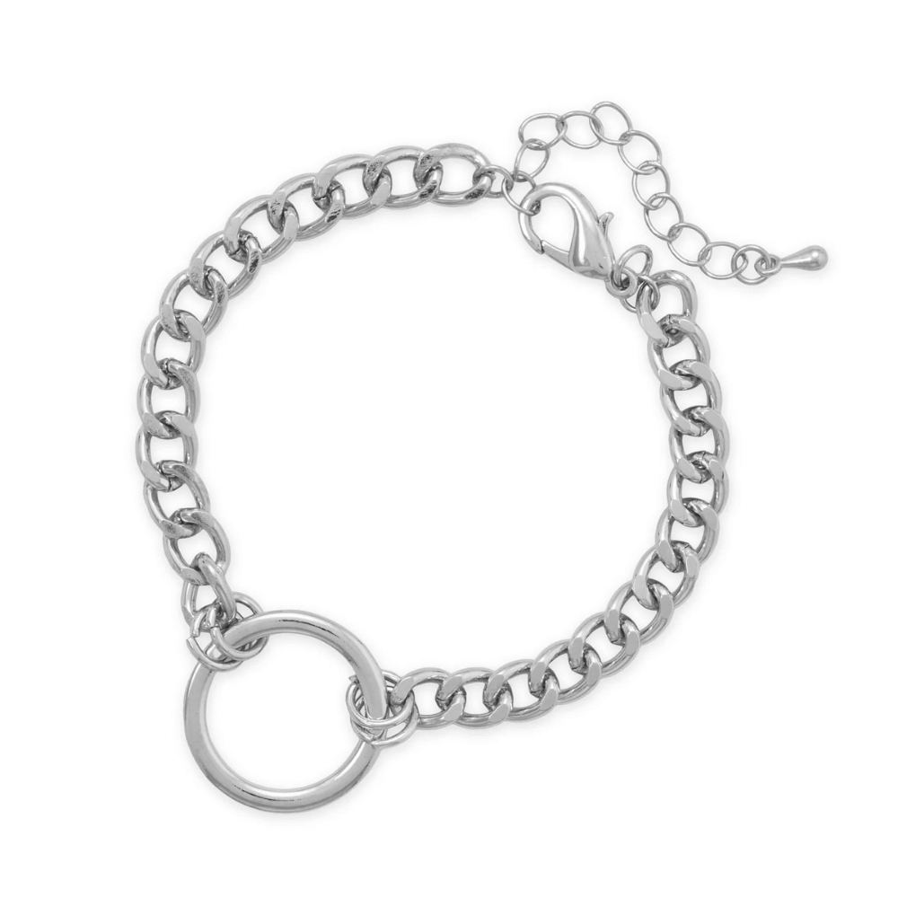 7" + 2" Silver Tone Curb Chain O-Ring Fashion Bracelet