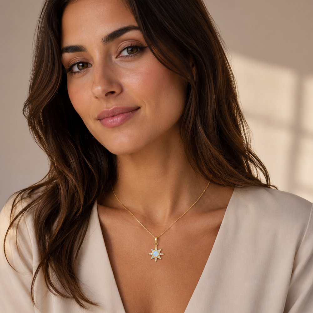 14 Karat Gold Plated CZ Star and Synthetic Opal Necklace
