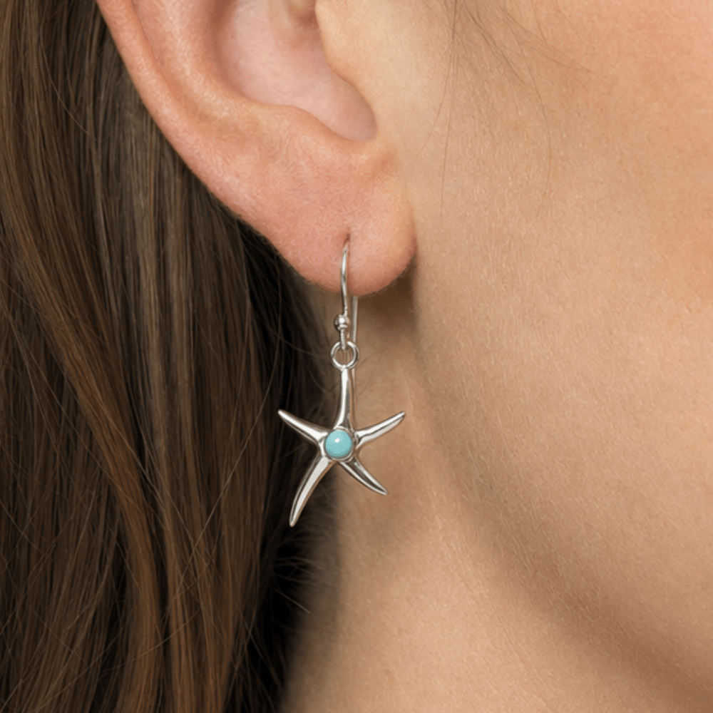Rhodium Plated 3mm Larimar Starfish Earrings
