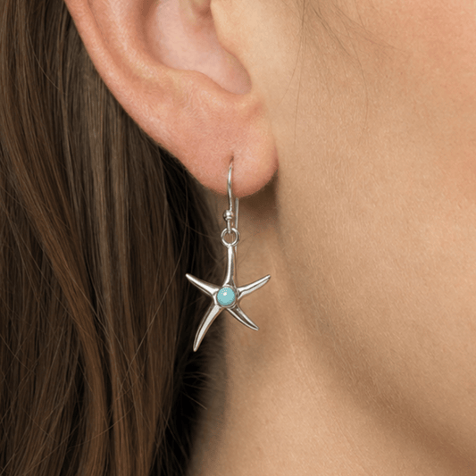 Rhodium Plated 3mm Larimar Starfish Earrings