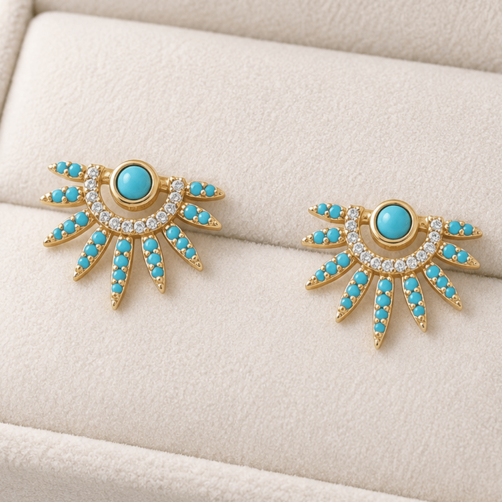 14 Karat Gold Plated Synthetic Turquoise and CZ Spike Post Earrings