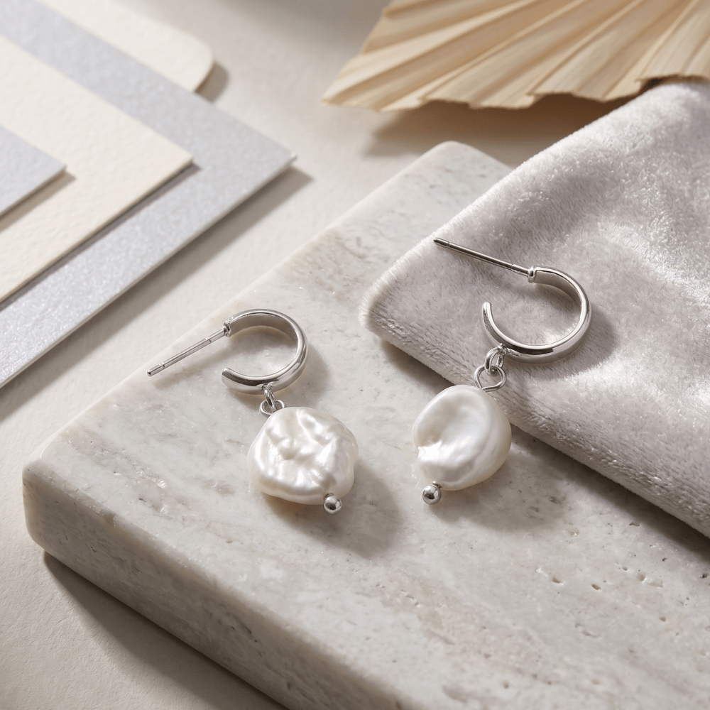 Silver Tone Cultured Freshwater Keshi Pearl Drop Fashion Earrings