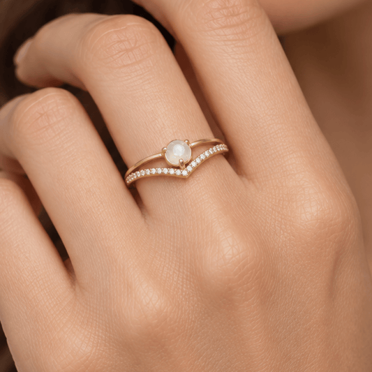 14 Karat Gold Plated CZ and Rainbow Moonstone "V" Ring