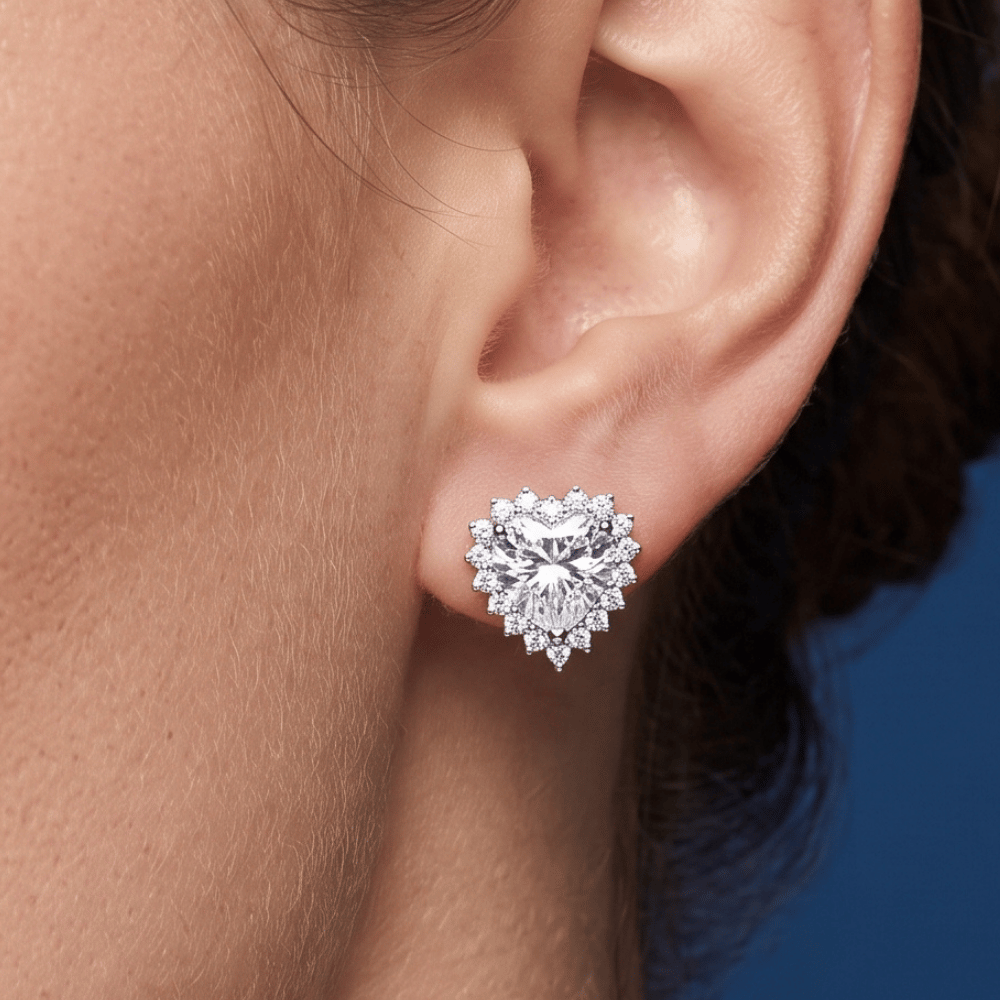 Rhodium Plated CZ Heart Halo Stud Earrings
