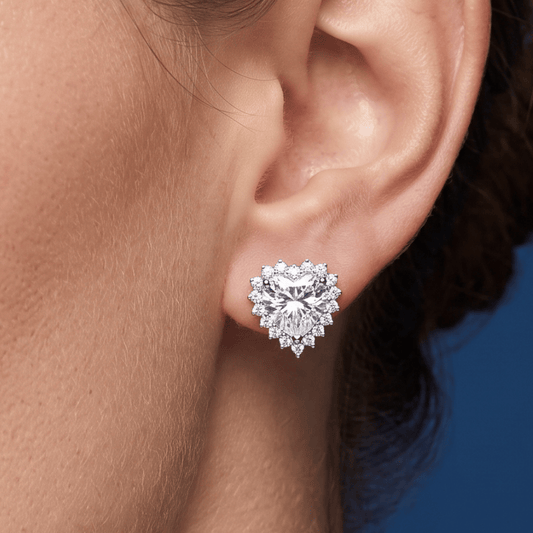 Rhodium Plated CZ Heart Halo Stud Earrings