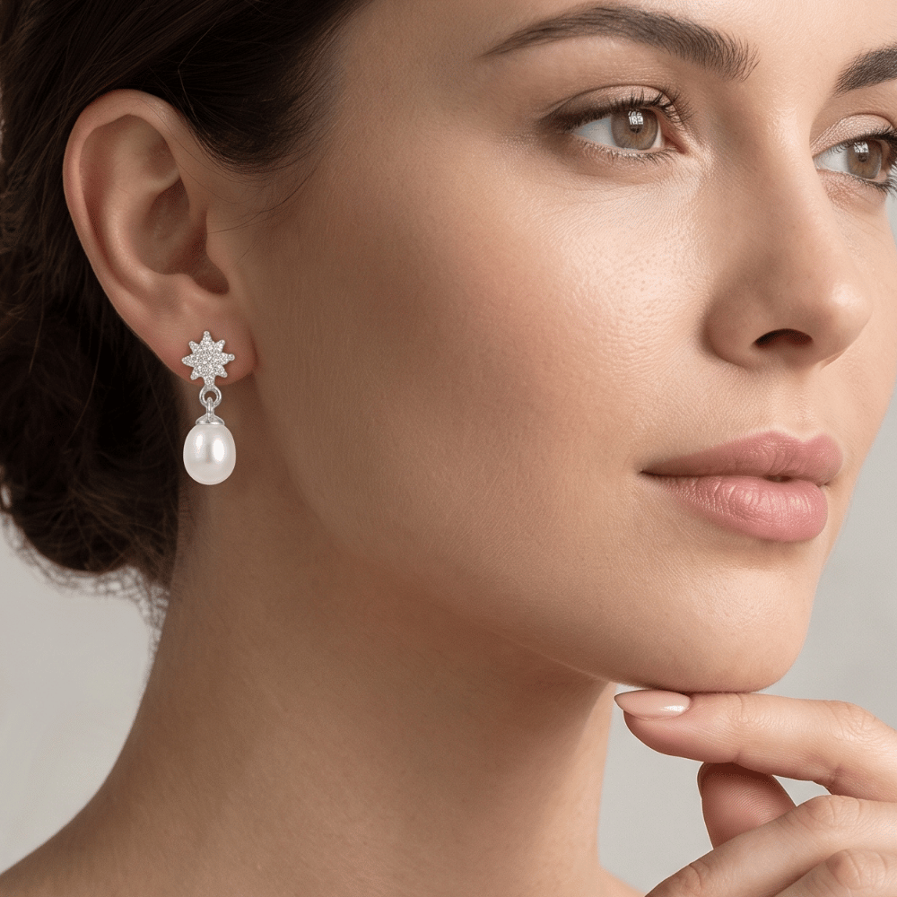 CZ Flower Post with Cultured Freshwater Pearl Drop Earrings