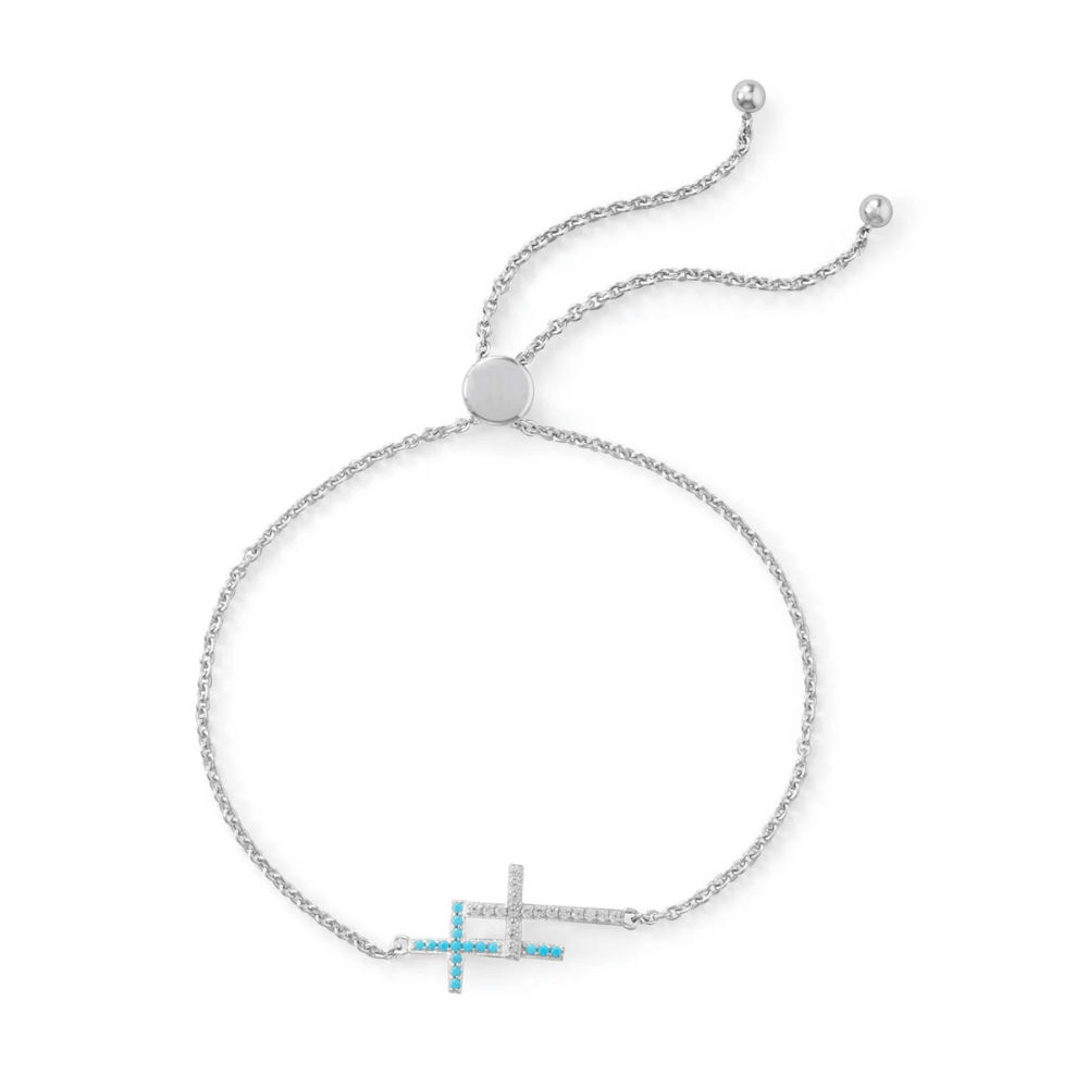 Rhodium Plated CZ Cross Friendship Bolo Bracelet