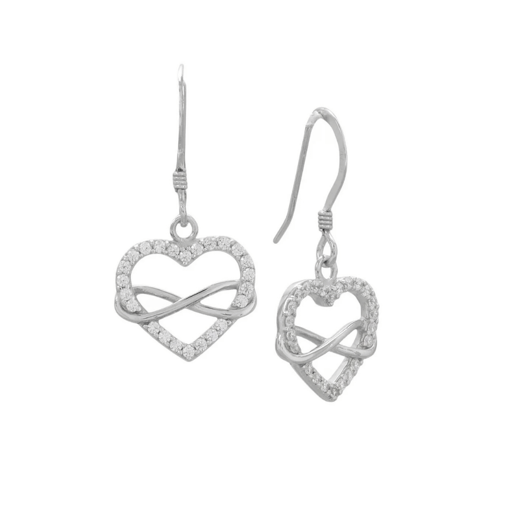 Rhodium Plated CZ Heart and Infinity French Wire Earrings