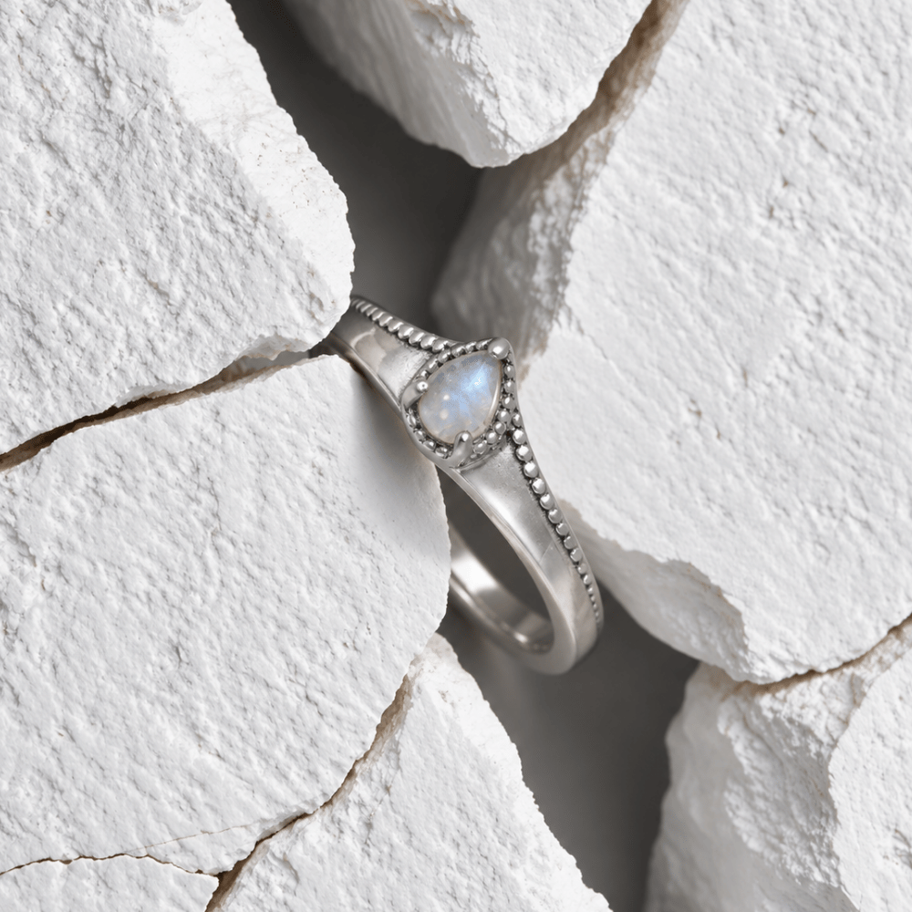 Oxidized Pear Rainbow Moonstone Bead Edge Ring
