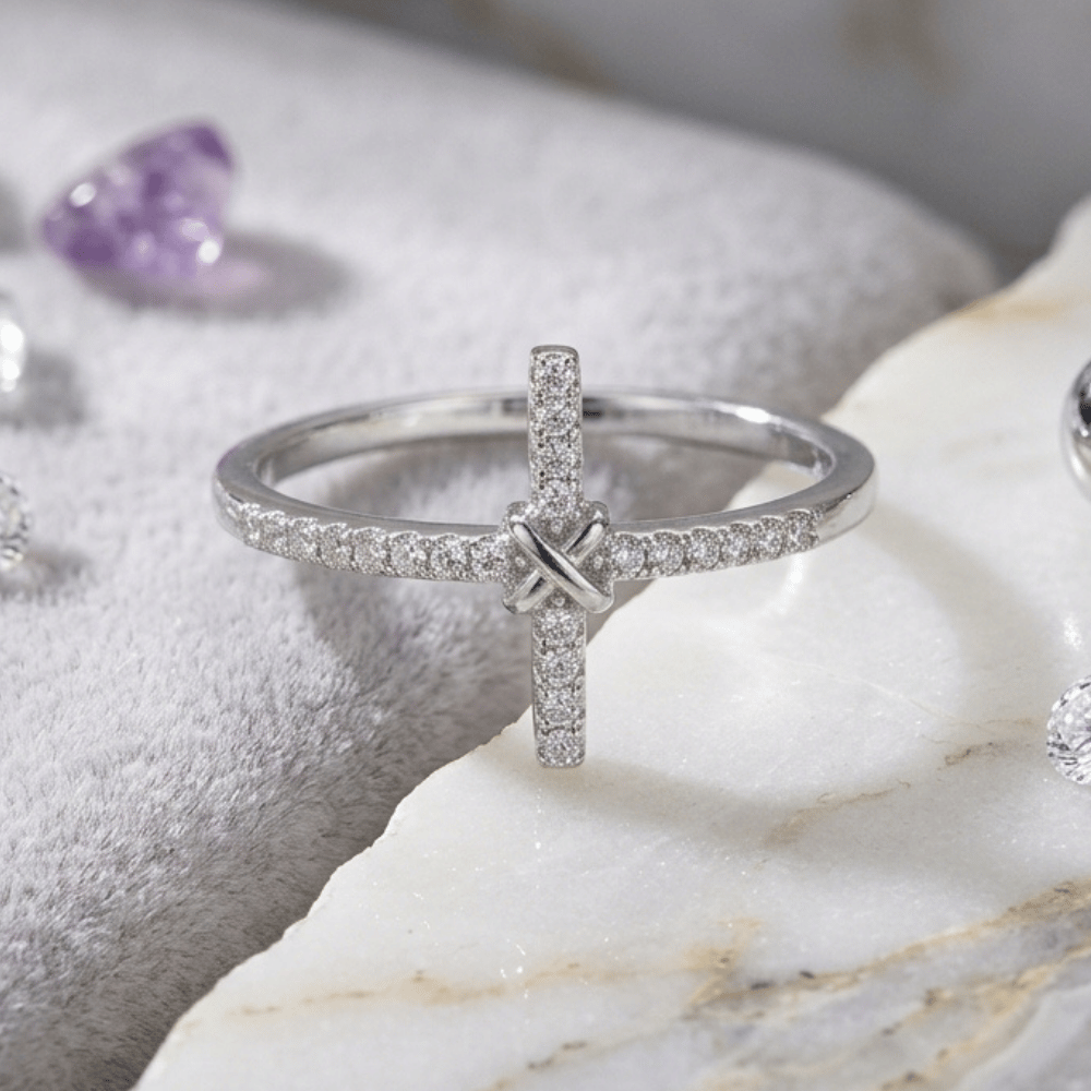 Rhodium Plated CZ Sideways Cross Ring