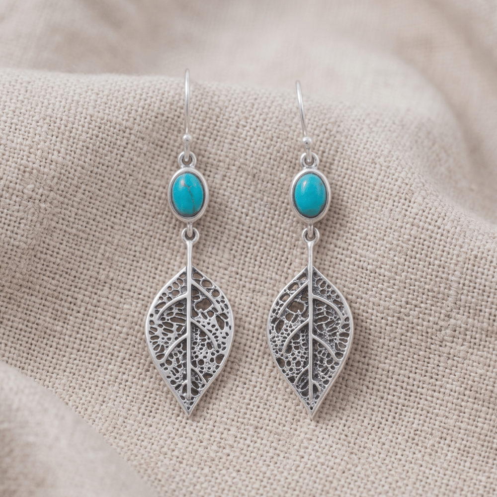 Oxidized Turquoise and Leaf French Wire Earrings