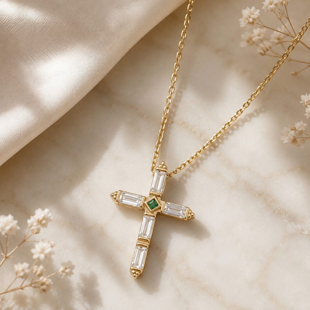 16" + 2" White and Green CZ Cross Necklace