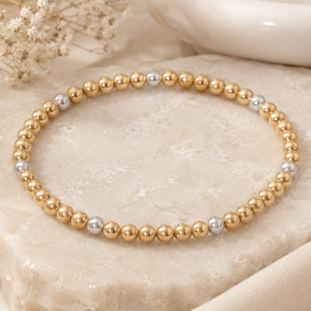 7" 4mm 14/20 Gold Filled and Polished Silver Bead Stretch Bracelet