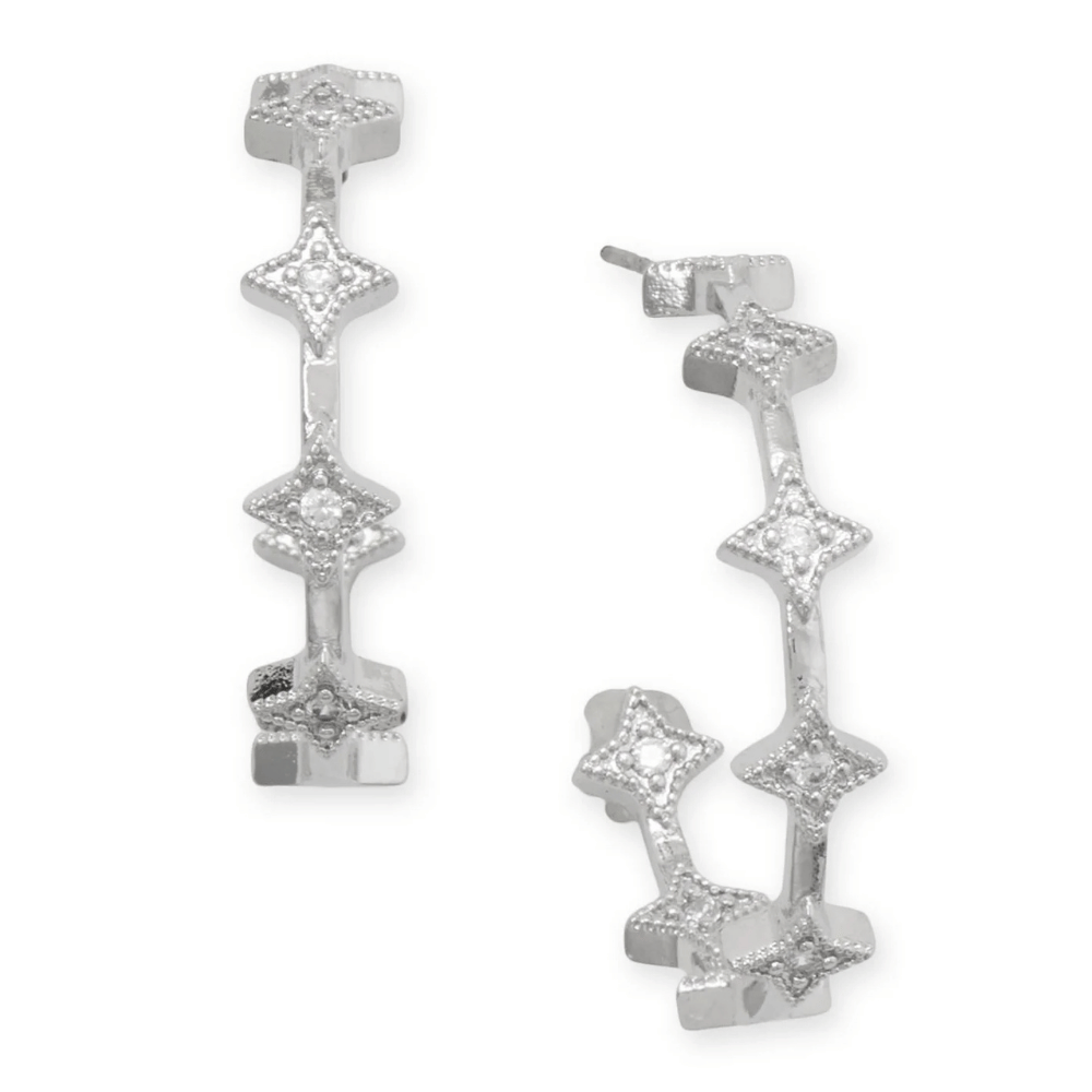 Rhodium Plated CZ Star In/Out Fashion Hoop Earrings
