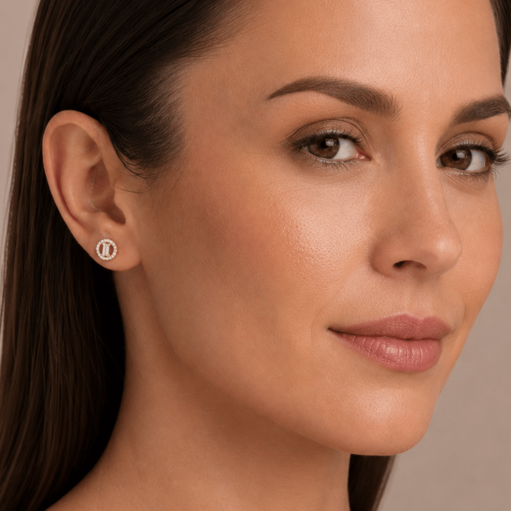 Baguette and Halo CZ Stud Earrings - 14 Karat Gold Plated - view 4