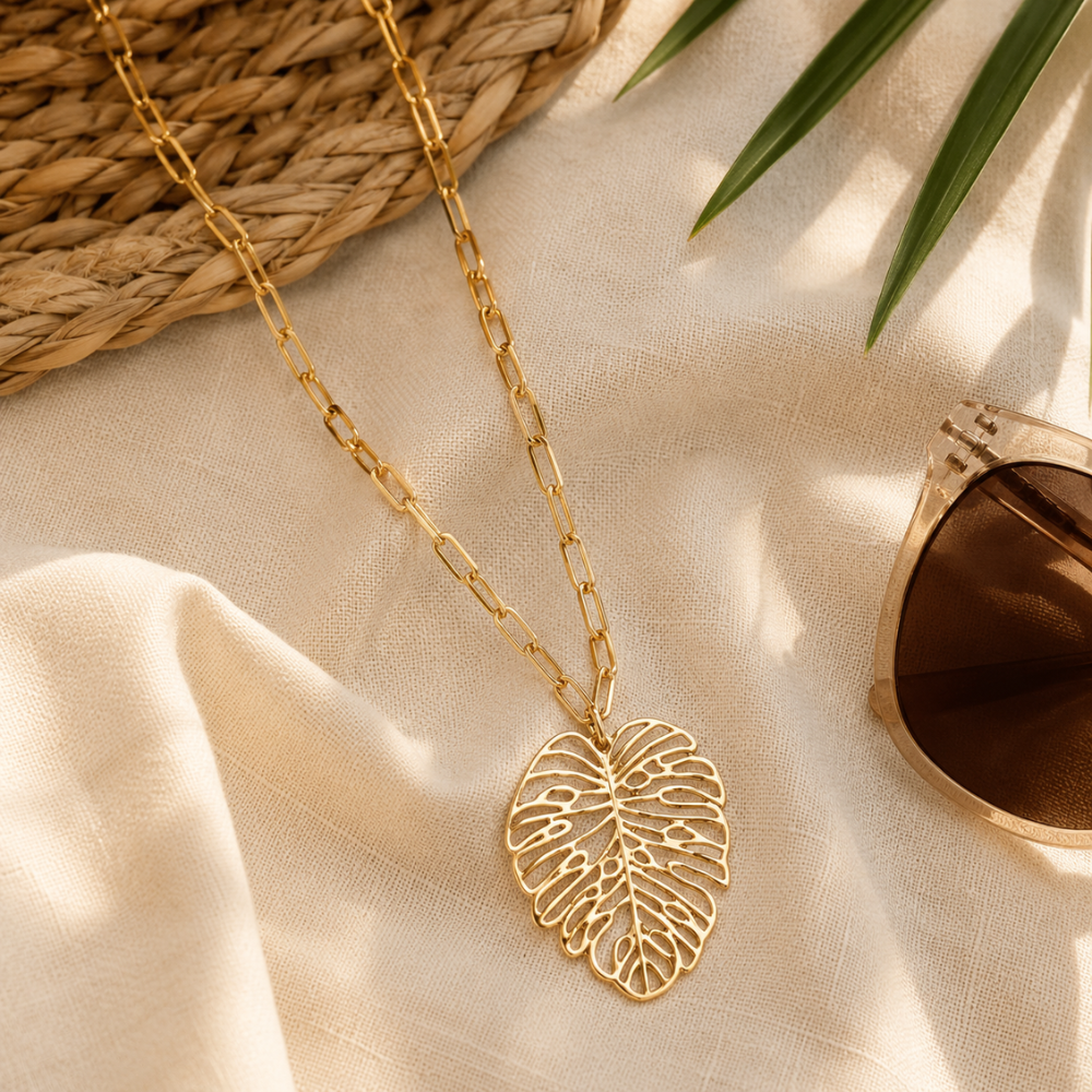 24" + 3" Gold Tone Palm Leaf Fashion Necklace