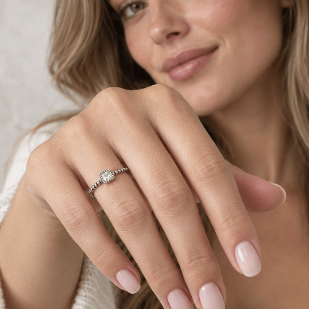 Rhodium Plated Oxidized Square CZ and Beaded Band Ring