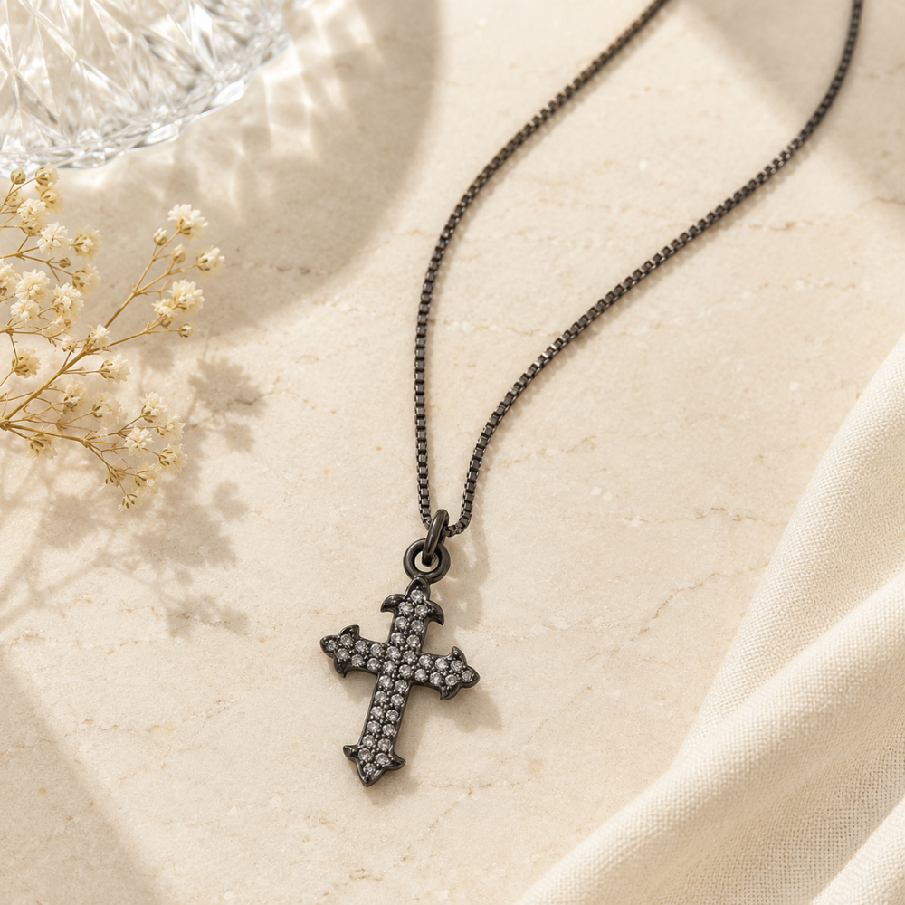 18" Black Rhodium Plated Diamond Studded Ornate Cross Necklace