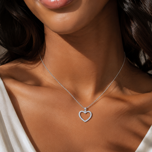 16" + 2" Rhodium Plated CZ Heart Necklace