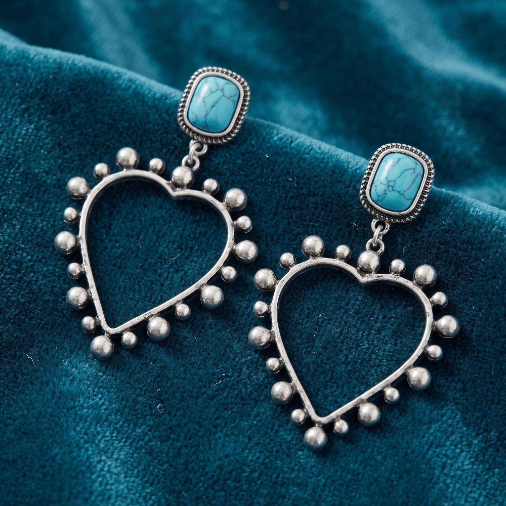 Antique Silver Tone Turquoise Howlite and Heart Drop Fashion Earrings
