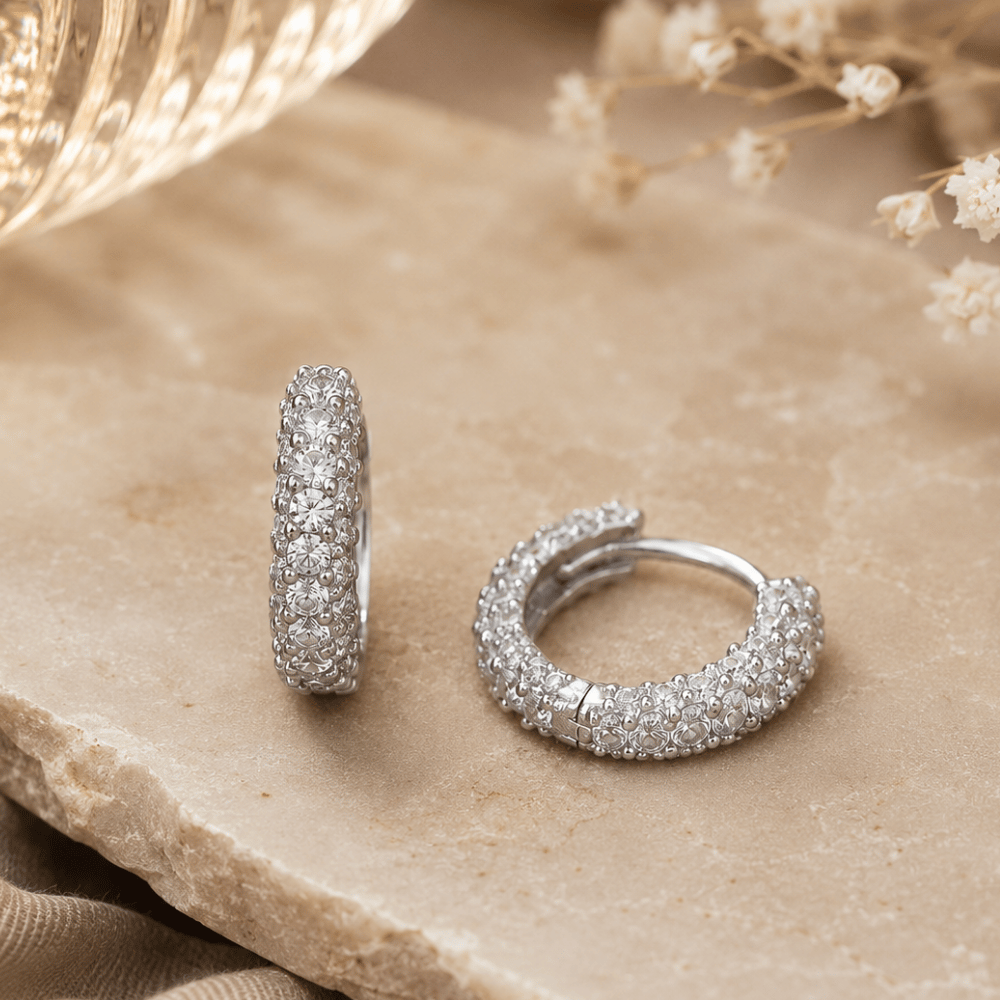 Rhodium Plated CZ Click Hoop Earrings