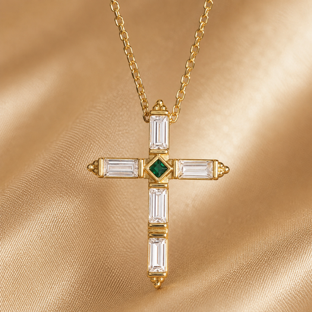 16" + 2" White and Green CZ Cross Necklace