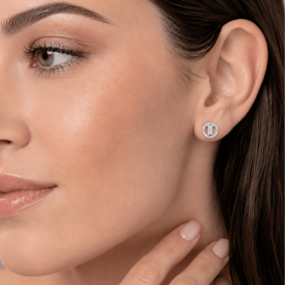 Baguette and Halo CZ Stud Earrings - Rhodium Plated - view 4