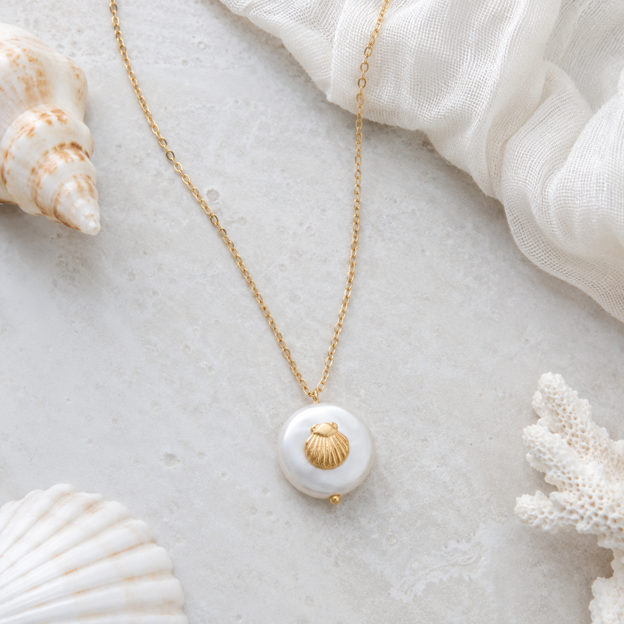 16" + 3" Gold Tone Imitation Coin Pearl and Seashell Fashion Necklace