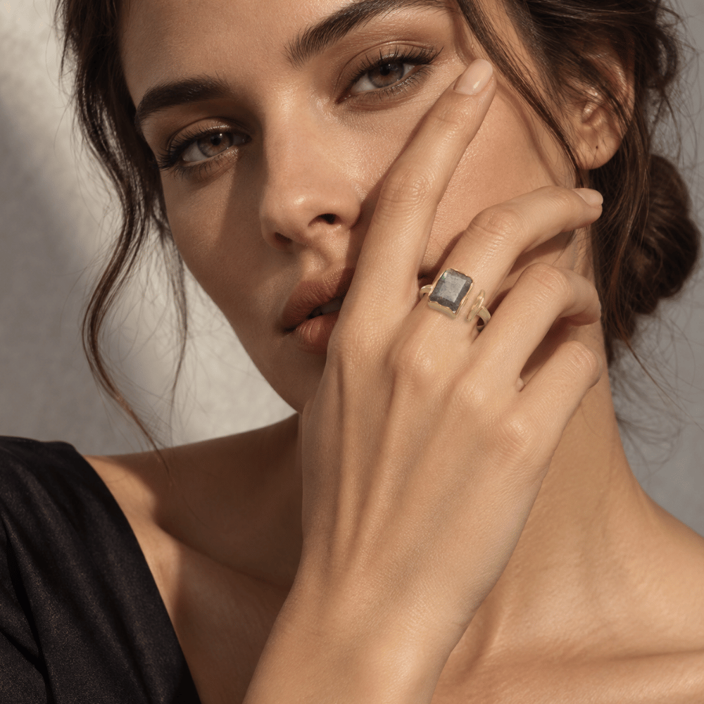 14 Karat Gold Plated Rectangular Labradorite Ring