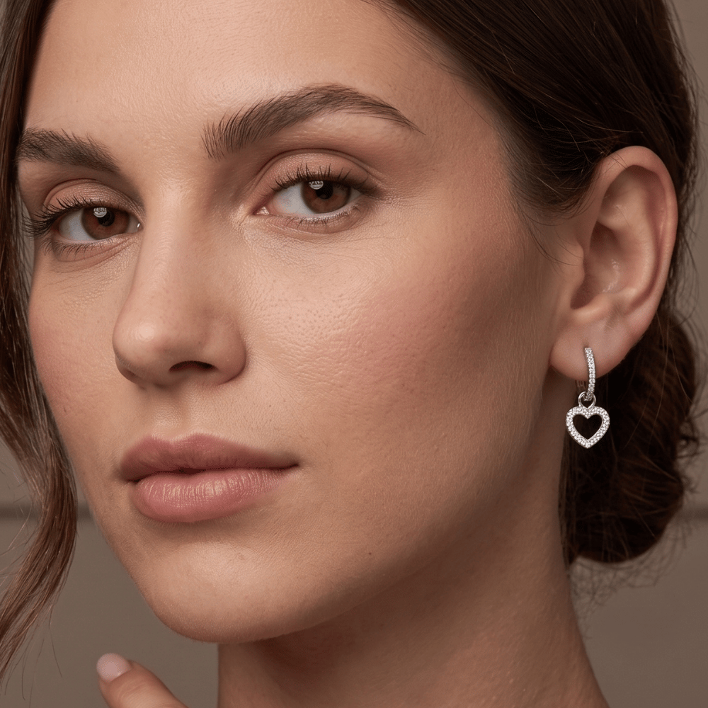CZ Heart Charm Hoop Earrings