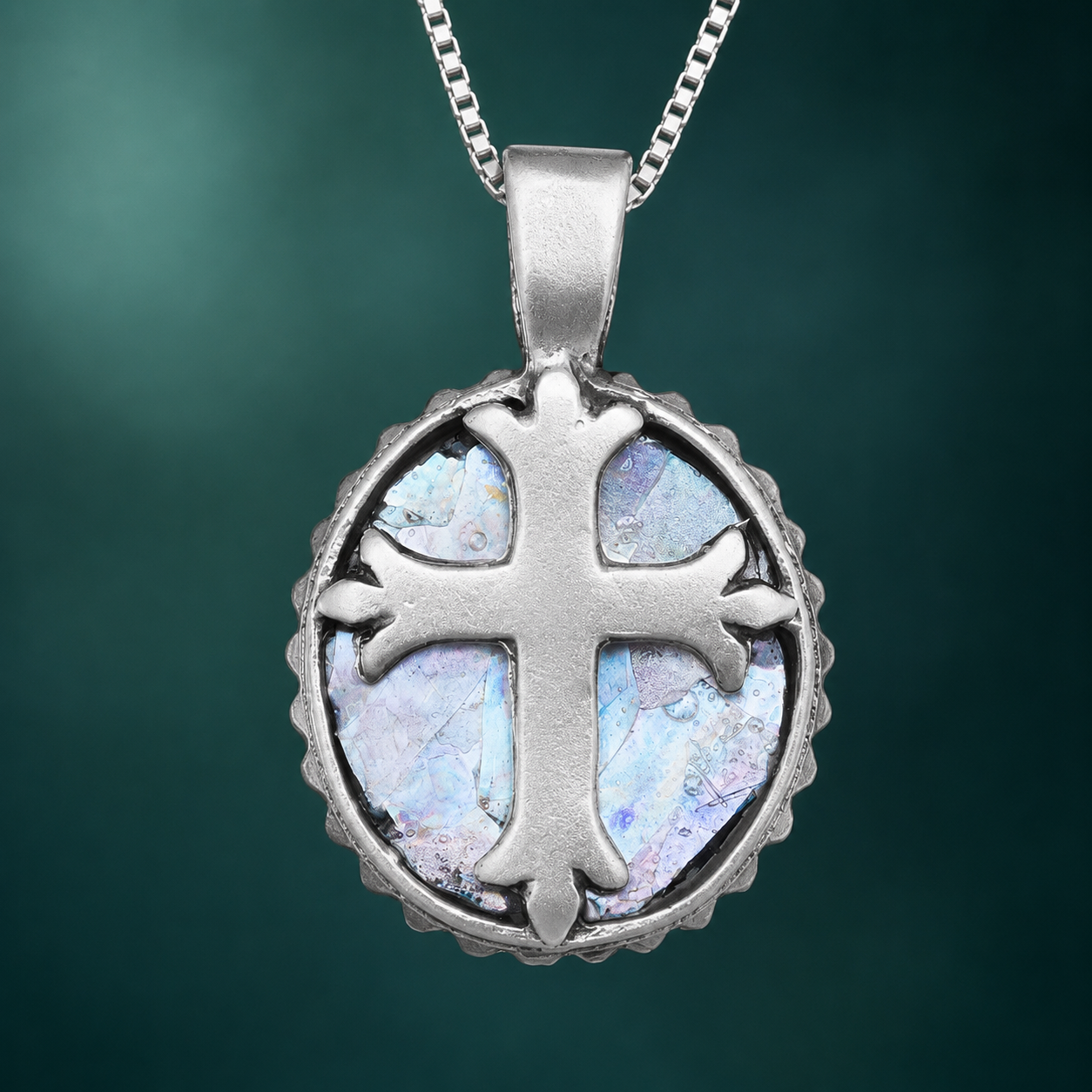 18" Oval Ancient Roman Glass Cross Necklace