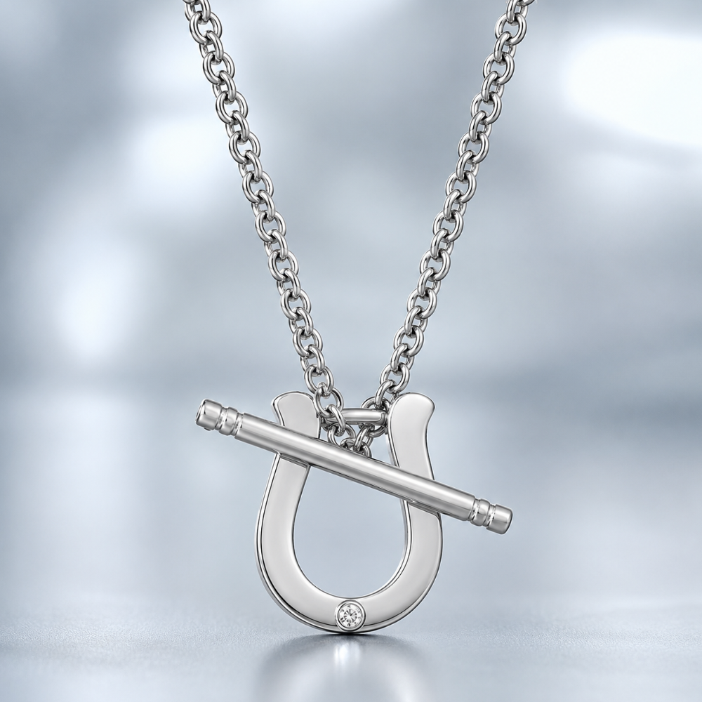 16" Rhodium Plated CZ Horseshoe Toggle Necklace