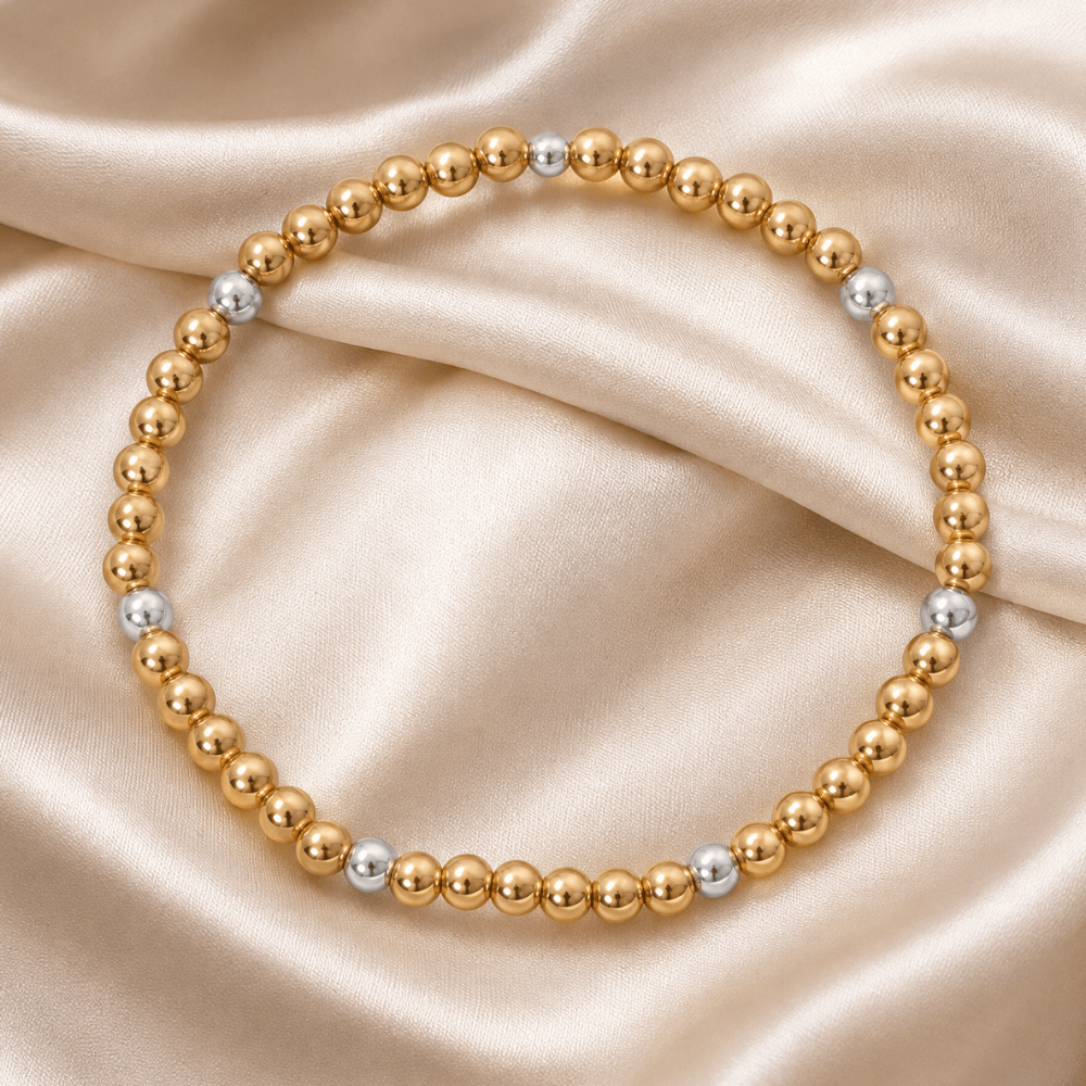 7" 4mm 14/20 Gold Filled and Polished Silver Bead Stretch Bracelet