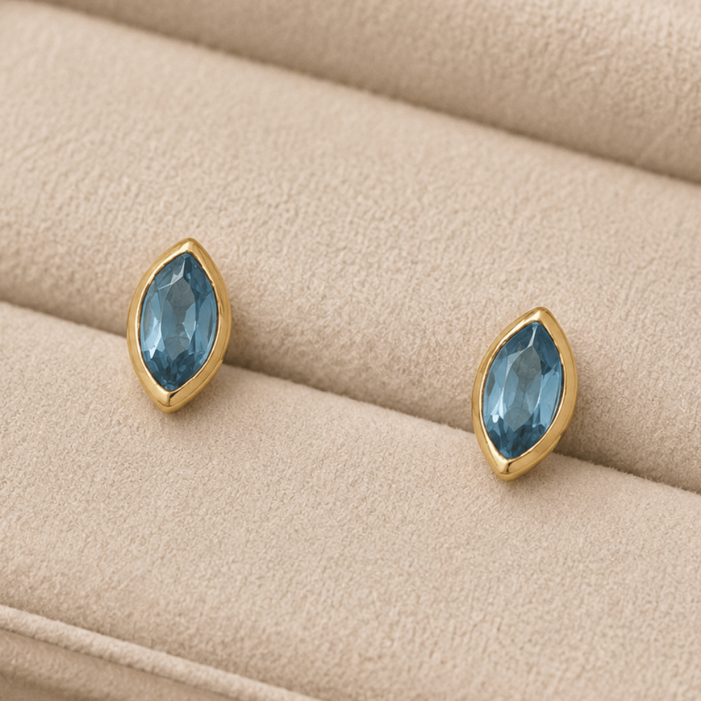 14 Karat Gold Plated Marquise Blue Glass Stud Earrings