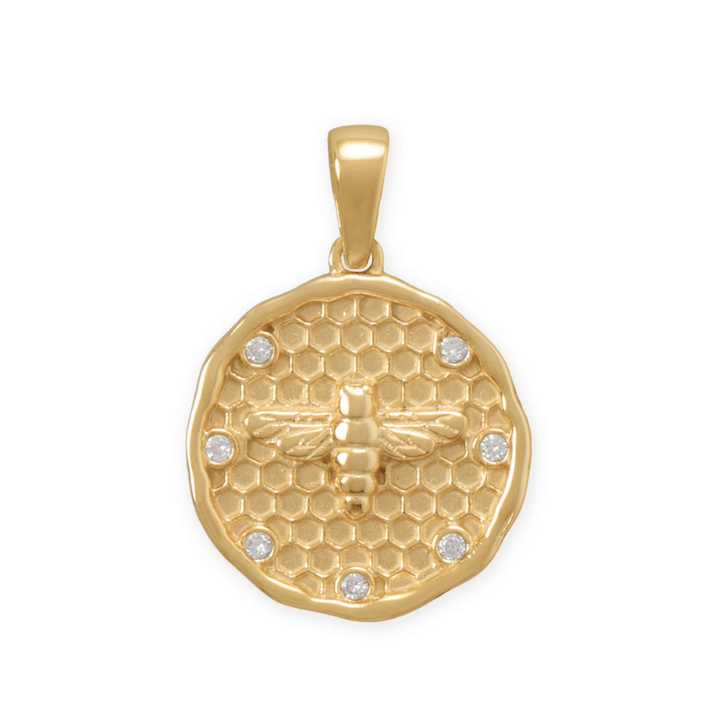 14 Karat Gold Plated Honeycomb, Bee and CZ Pendant