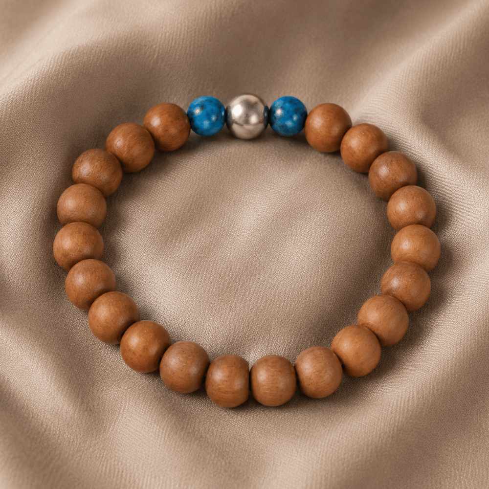 8-inch Blue Agate, Wood and Silver Bead Stretch Bracelet - view 3