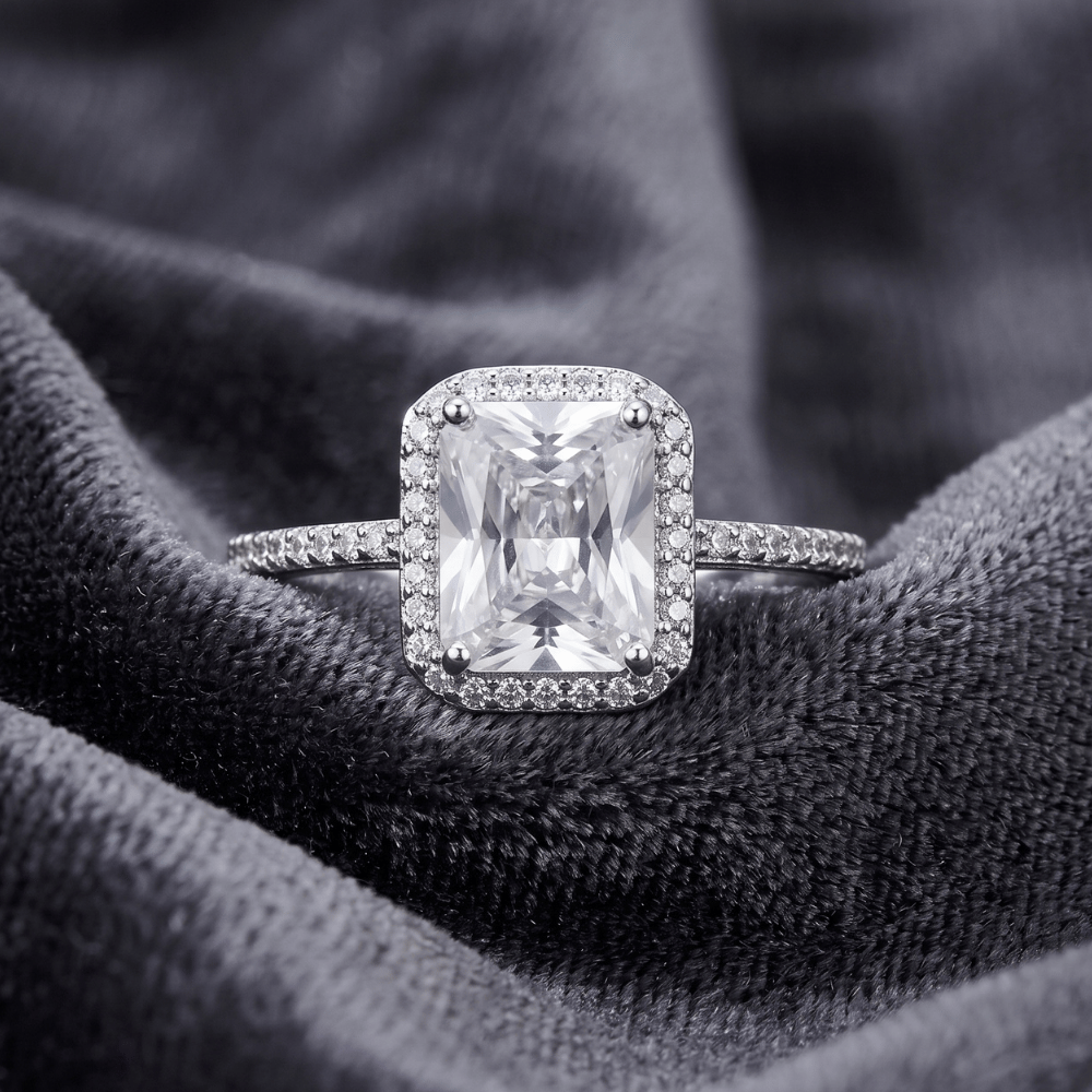Rhodium Plated Solitaire Rectangle CZ Ring with Halo CZ Edge