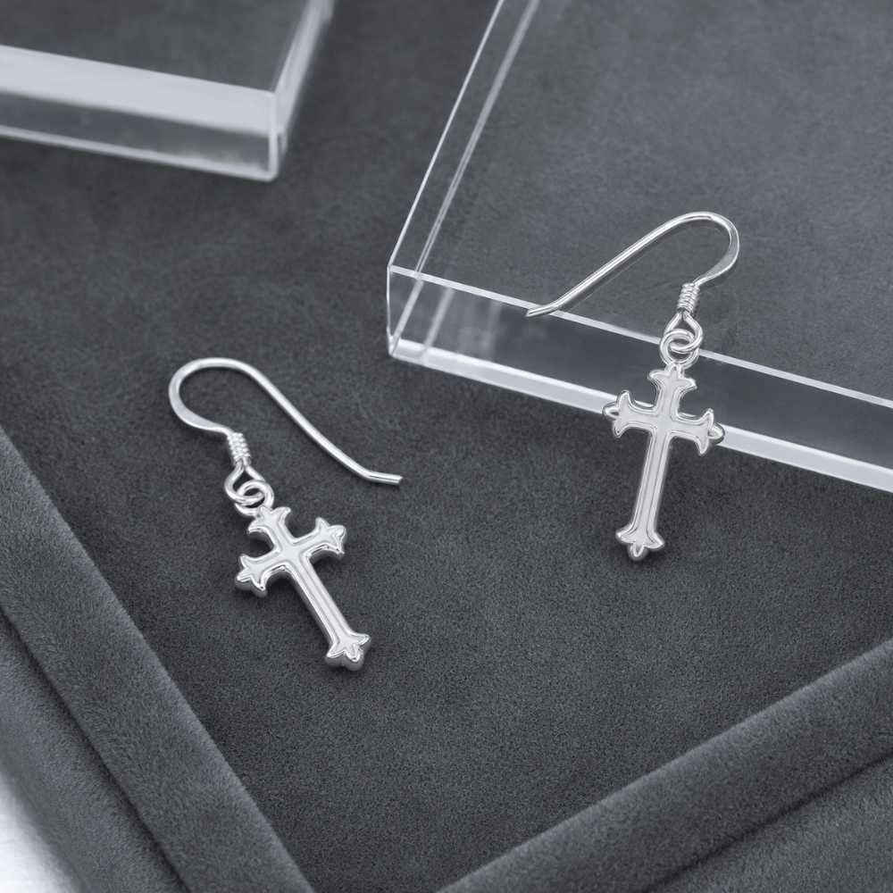 Ornate Polished Cross French Wire Earrings