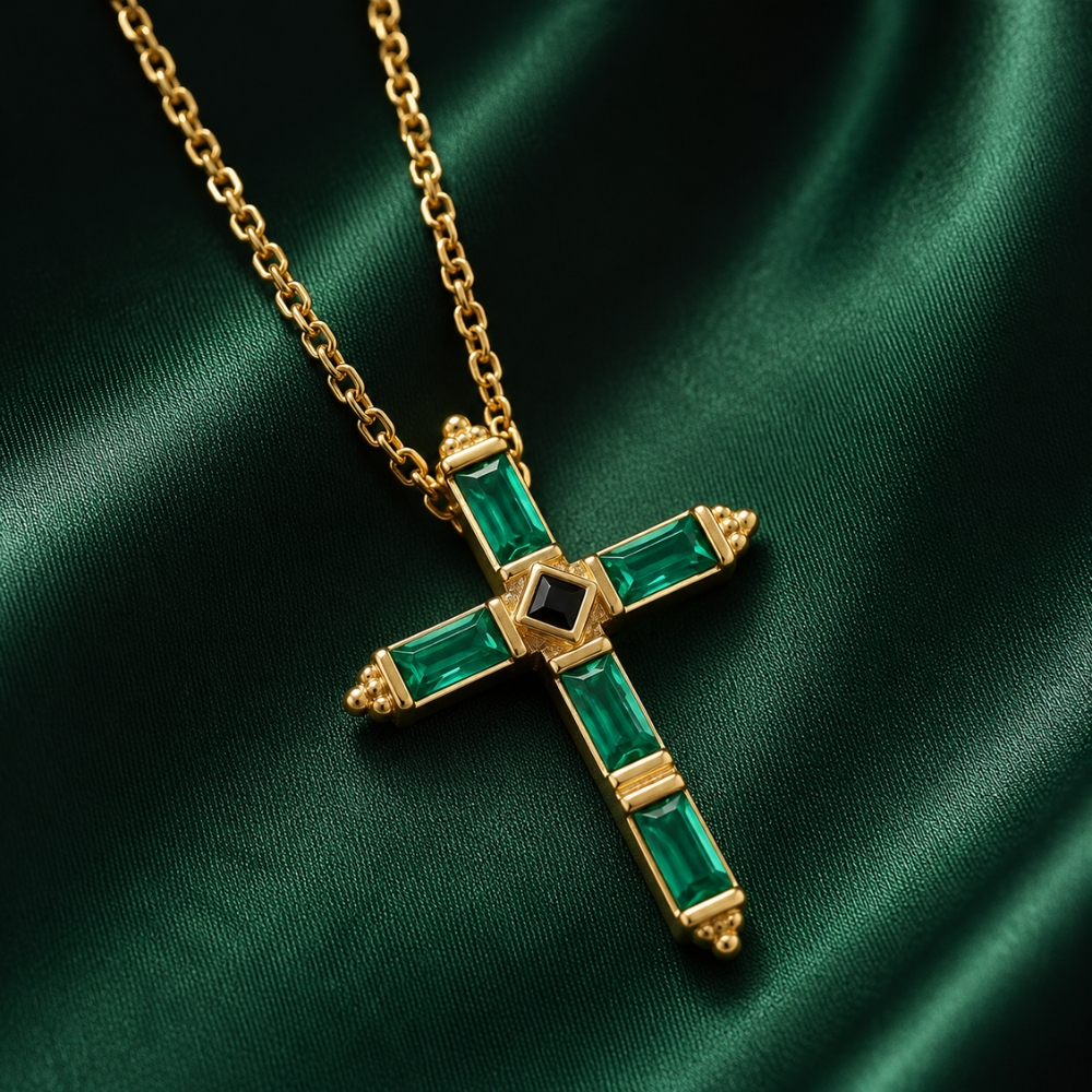16" + 2" Green and Black CZ Cross Necklace