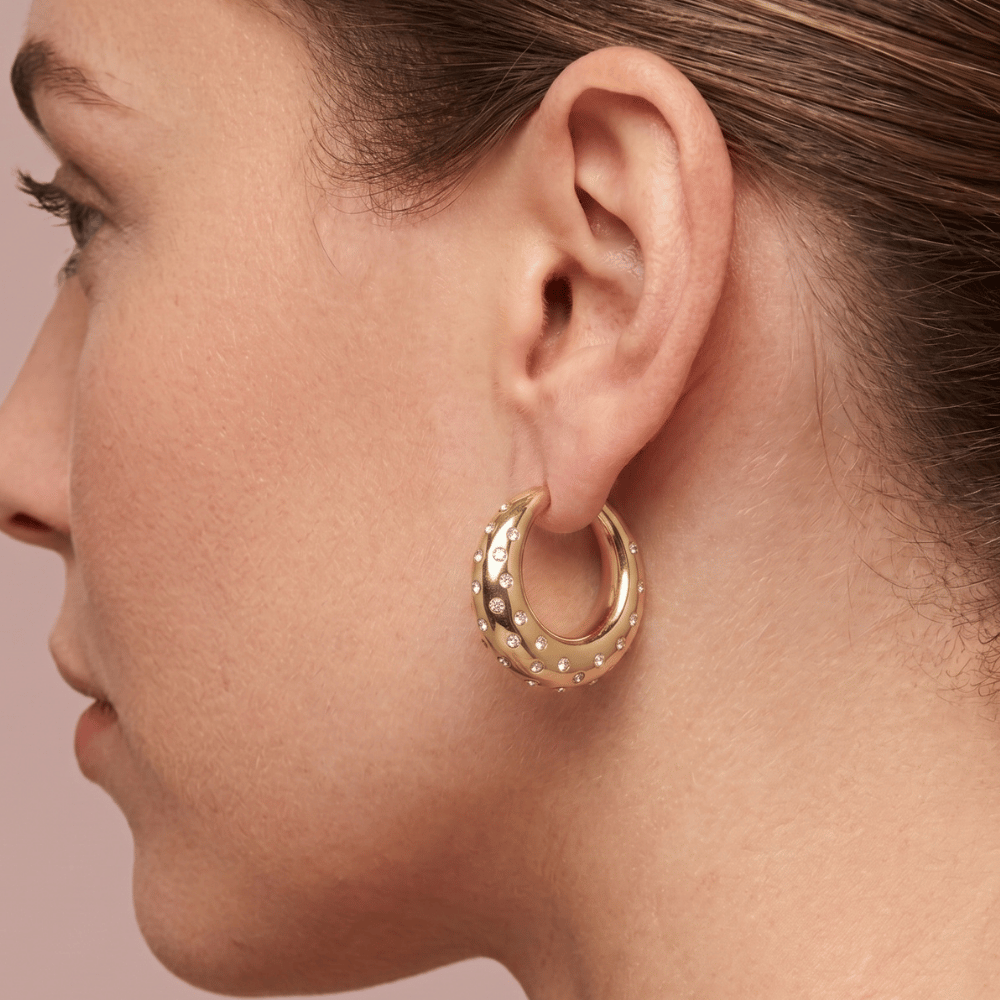 Gold Tone Crystal 3/4 Puffy Fashion Hoop Earrings
