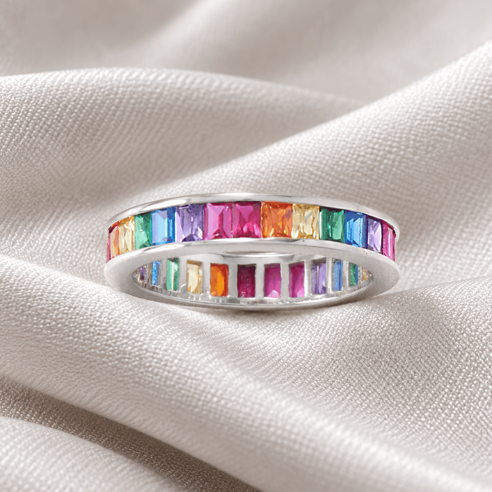 Rhodium Plated Rainbow CZ Ring