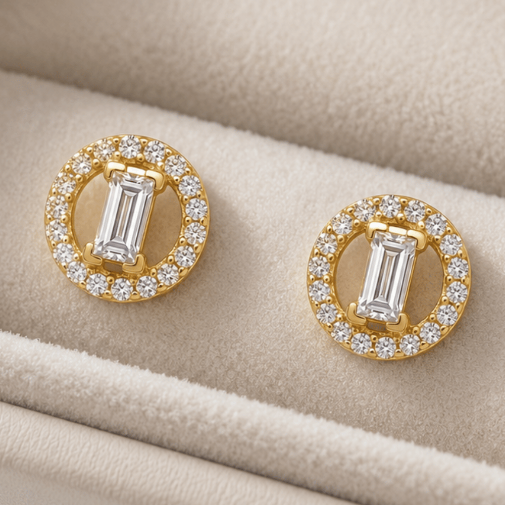 Baguette and Halo CZ Stud Earrings - 14 Karat Gold Plated - view 2