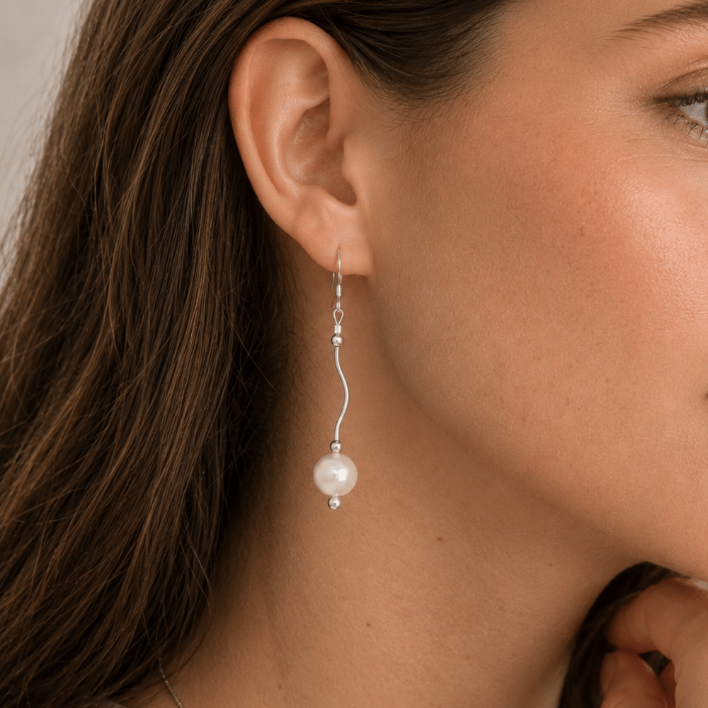 Wave Design Earrings with Cultured Freshwater Pearl Drop