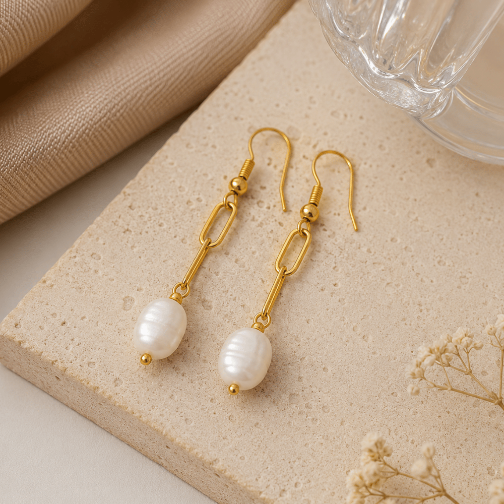 Gold Tone Paperclip and Cultured Freshwater Pearl Drop Fashion Earrings